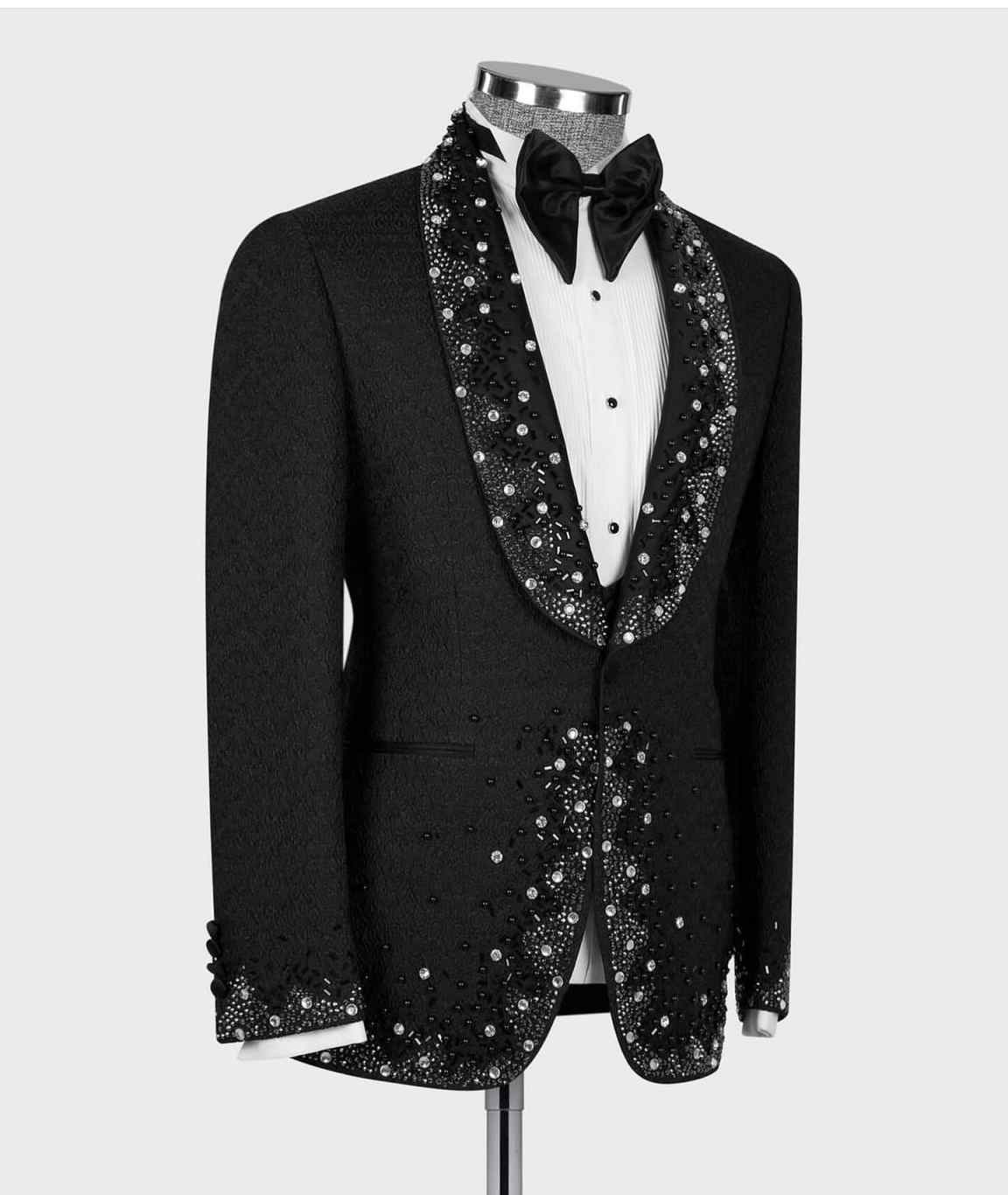 Exquisite One Piece Black Spring Summer Men Suits Set Blazer With Shawl Lapel Appliques Beaded Sequins Customized Groom Wedding Tuxedo Formal Prom Jac