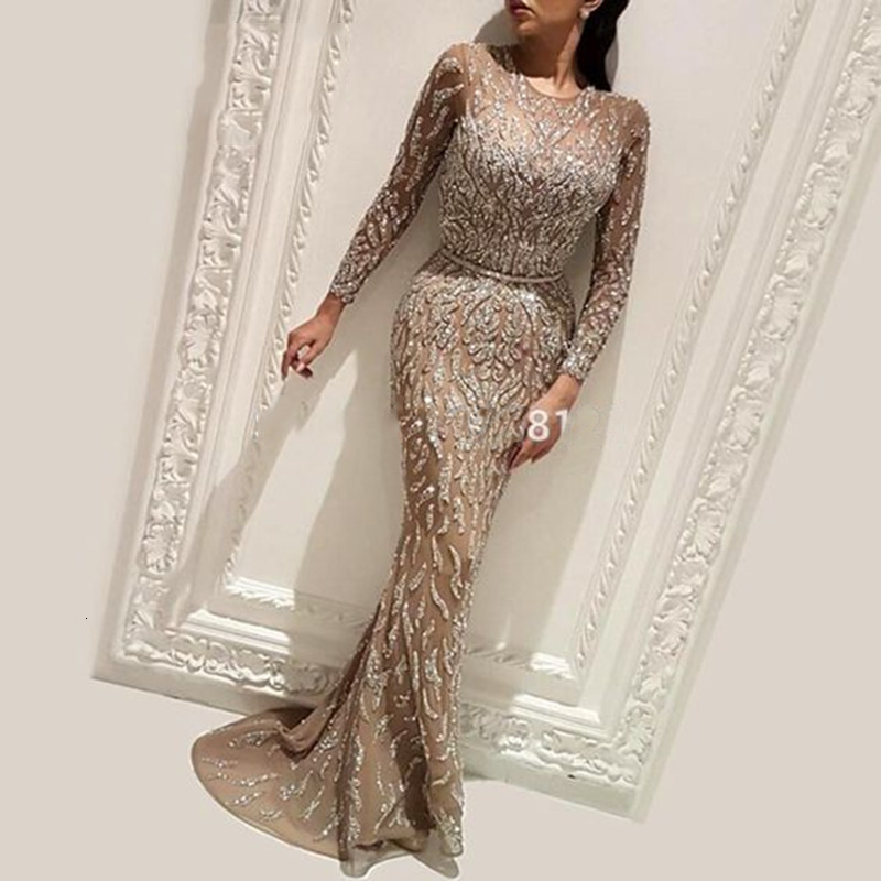 2025 New Womens Sexy Dress with Gold Sprinkled Long Sleeved Fishtail Ball Dress