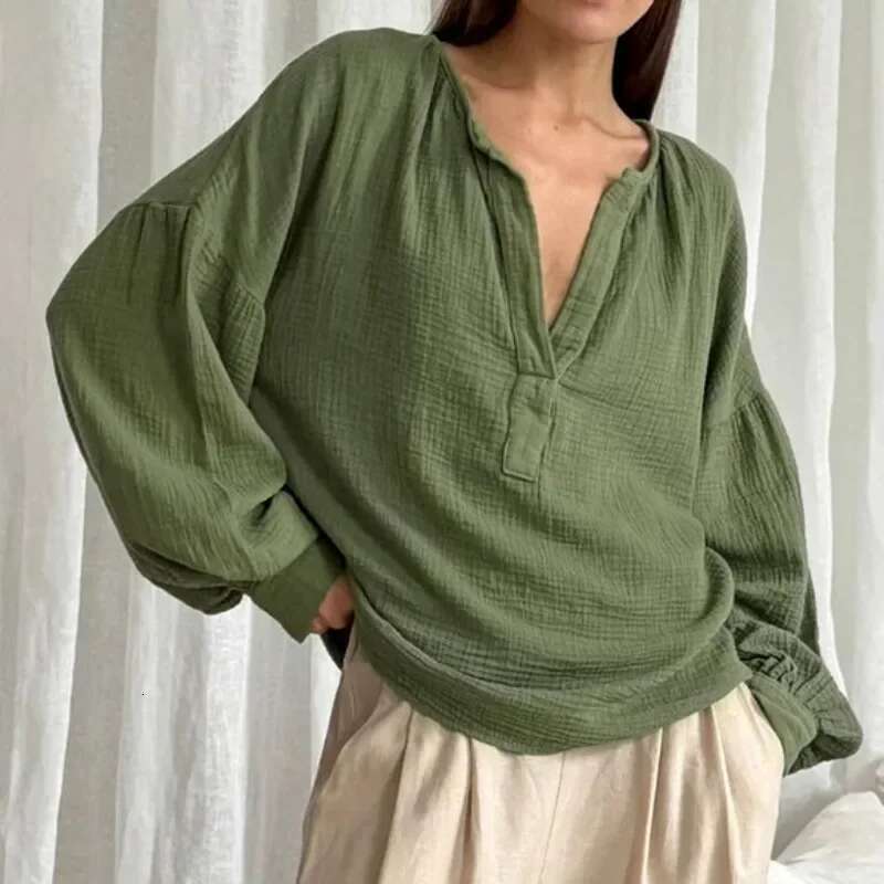 French Women Shirts 100% Cotton Mus Gauze Long Lantern Sleeve V-neck Blouse Casual Loose White Color Elegant Vintage Tops