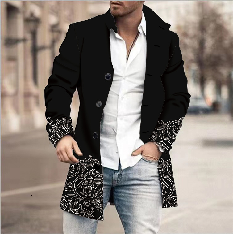 New mens 3D printed woolen stand up collar mid length casual pocket coat jacket