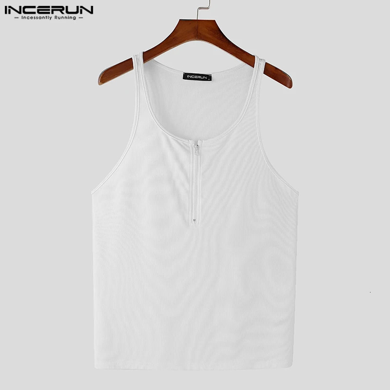 INCERUN Tops American Fashion Mens Striped Zipper Tank Top Casual Street Clothing Mens Solid Sleeveless Tank Top 250403