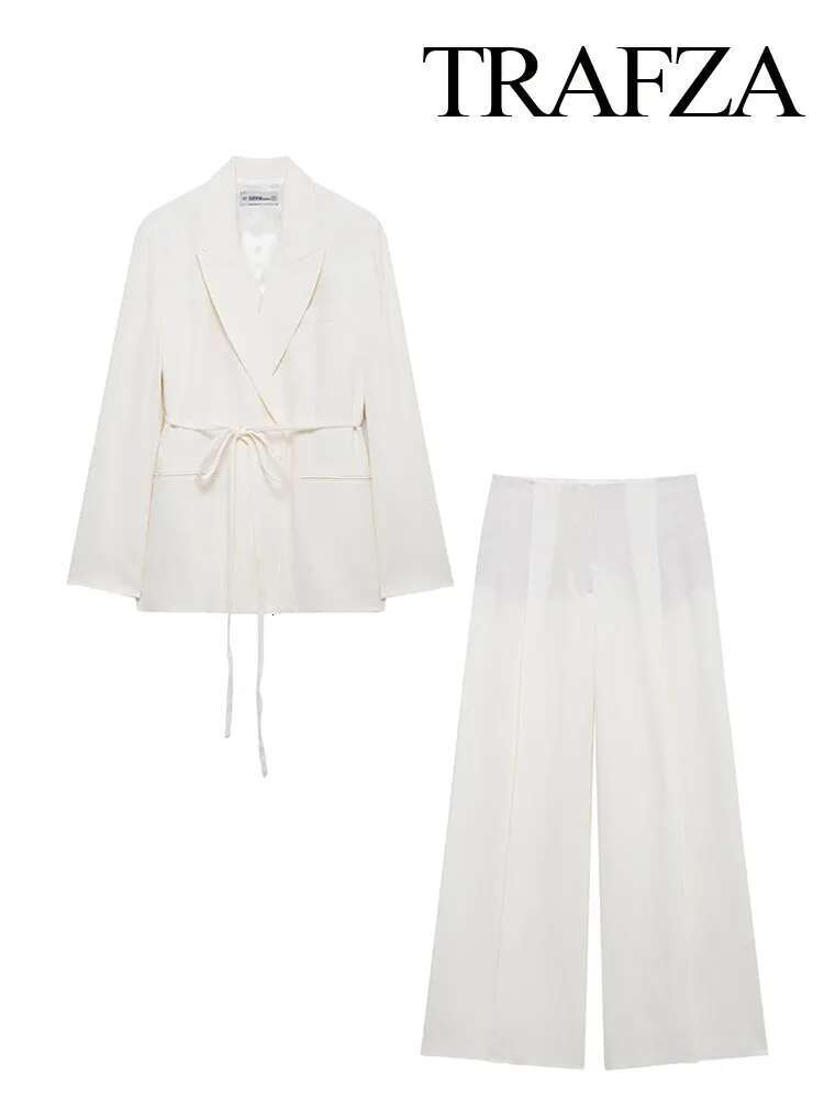 Women's Suits White Turn-Down Collar Sleeves Lace-Up Blazers+High Waist Zipper Long Pants Female Spring Fashion Sets