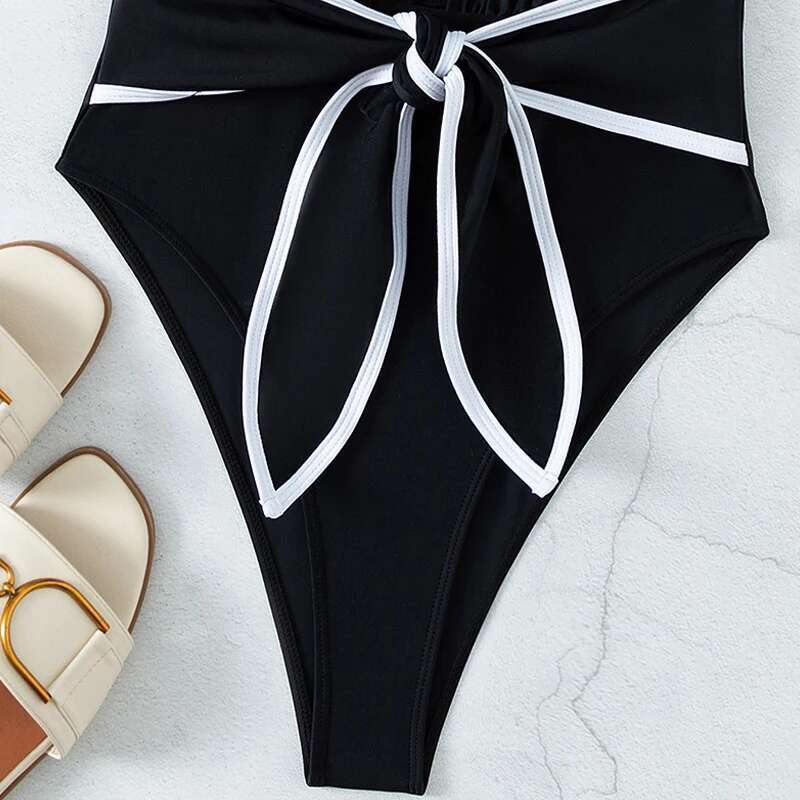 Black One Piece Swimsuit for Women 2024 Summer New Bikini,high Waist Contrast Belt Swimwear,deep-V Neck Backless Bathing Suit