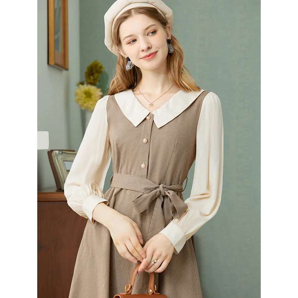 New Spring 2025 Women Dress Retro Preppy Style Doll Collar Waist Temperament Lace-Up Fake Two Dresses