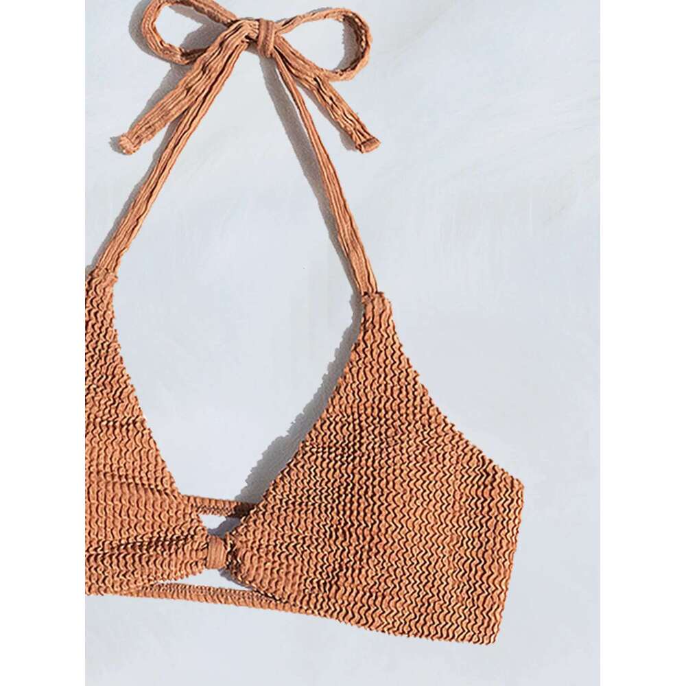 Women's Solid Color Brown 2 Piece Swimsuit 2025 New Bikini Set Sexy V-neck Halter Backless Bathing Suit Beach Vacation Swimwear