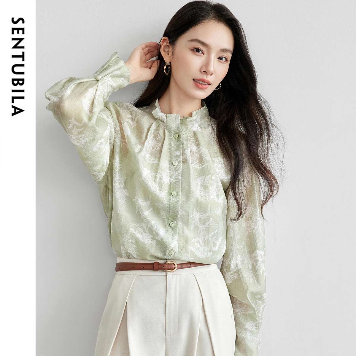 SENTUBILA Lyocell Printing Shirts Womens Spring 2025 Straight Chiffon Stand Neck Flare Sleeve Ruffles Cozy Blouses 151C58061