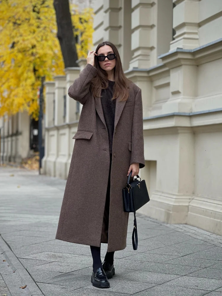 Brown Shoulder Pad Wool Blend Overcoat Women Elegant Lapel Singlebreasted Long Sleeve Coat Autumn Lady Outerwear 251028
