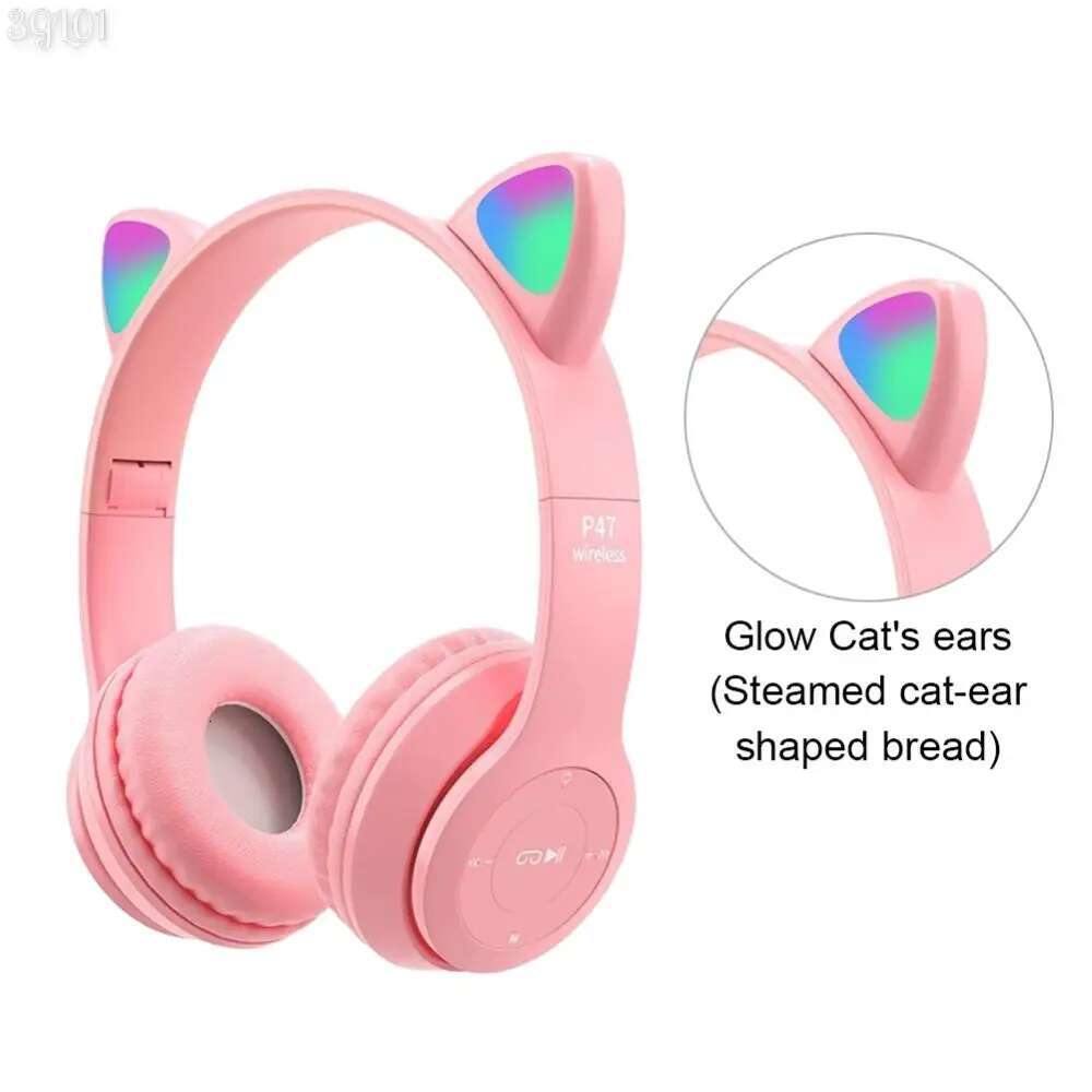 Gradient Cartoon Flash Light Kids Children Headphone Voice Control Bluetooth-Compatible Pink Little Girl Earphone Gift