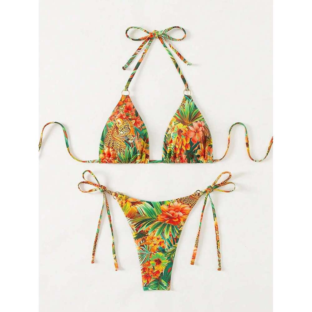 Trcal Print Bikini Set Women's 2025 New 2 Piece Swimsuit Sexy Triangle Halter Backless Thong Swimwear Beach Vacation Wear