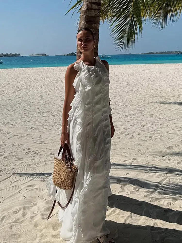 Womens pleated strapless backless Maxi dress fashionable loose slider pleated sleeveless robe summer womens beach vacation vest 250402