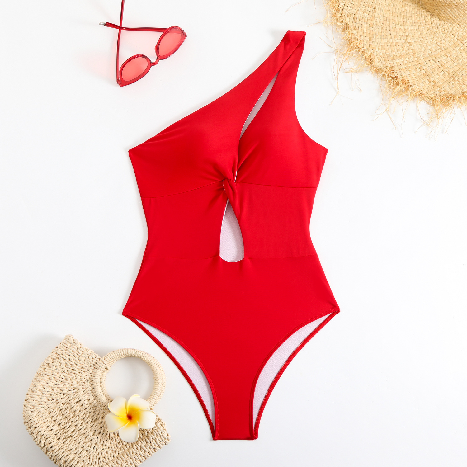 2025 new solid color one-piece triangle single shoulder tight swimsuit for women, Huludao