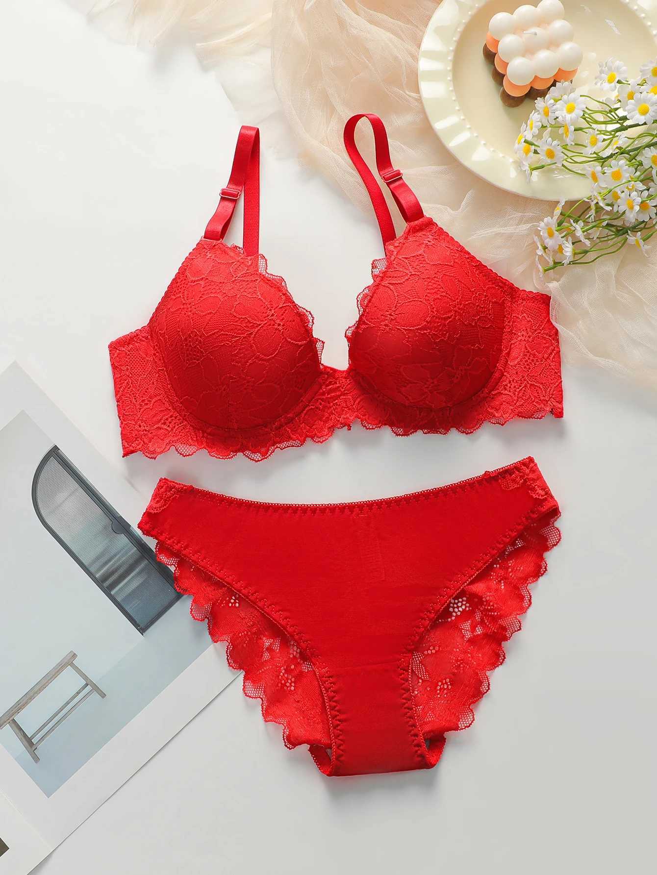 Red Lingerie lace cotton cup 2-piece set sexy and white toned lingerie set womens underwear set J3431XJ251106