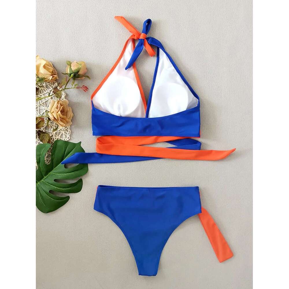 Solid Color Patchwork Bikini Set Adjustable Waist Belt 2 Piece Swimsuit for Women V-neck Halter Backless Beach Bathing Suit 2025