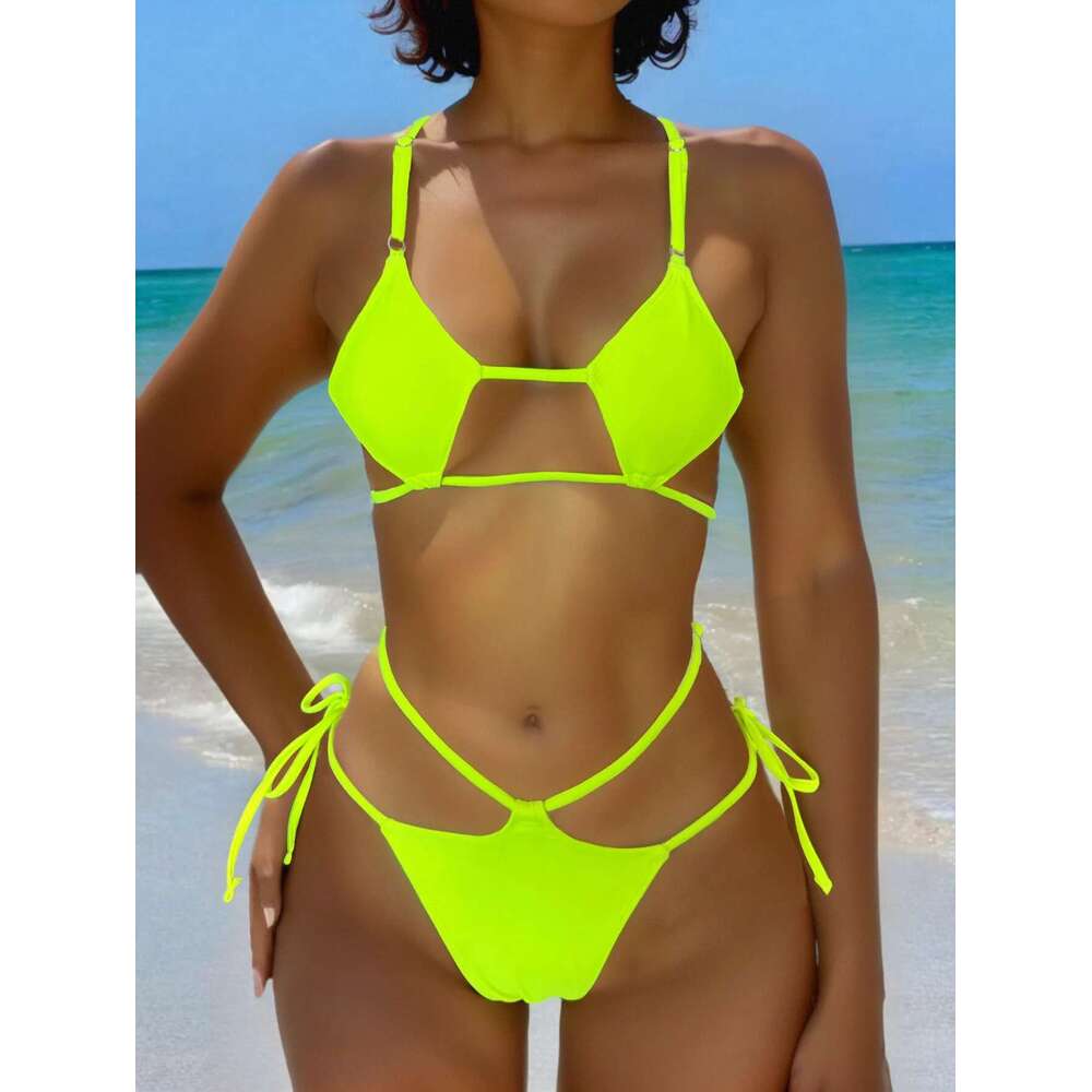 Neon Green Two Piece Swimsuit for Women Sexy Cross Bandage Hollow Out Mini Bikini Set Suspender Backless Beach Vacation Swimwear