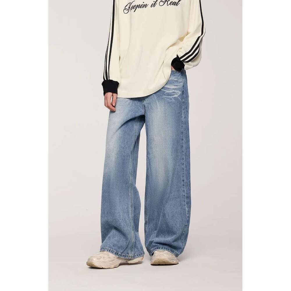 Ripple Washed Straight Leg Pants American Street Vintage Faded Denim Jeans For Men