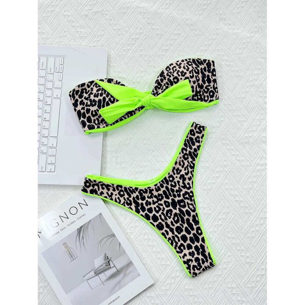 Leopard Print 2 Piece Swimsuit 2025 New Sexy Neon Green Color Contrast Bathing Suit Strapless Backless Bikini Set Summer