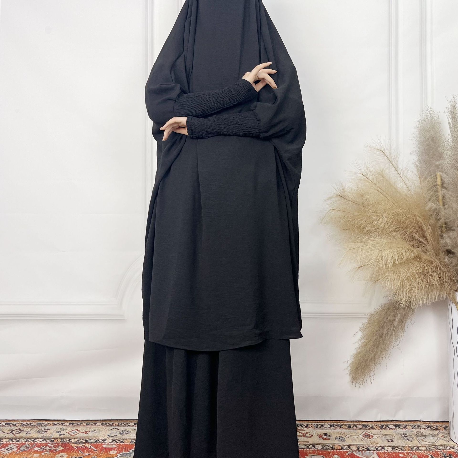 Solid Colored Long Robe With Ice Silk Wrinkled Lantern Sleeves, Loose And Comfortable Two-Piece Women's Skirt Set Abaya Maxi Dresses Islamic Clot