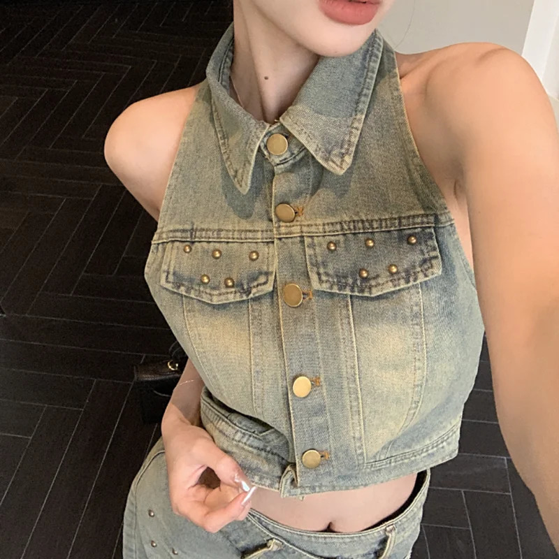 DEAT denim two-piece set womens suspender lapel vest fashionable wrap hip A-line high waist split short sleeved womens 33A3824 250402