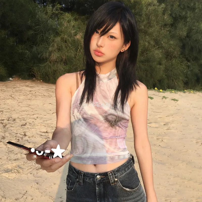 Y2K mesh printed vest womens Harajuku tie dye backless crop top retro 2000S diamond tank Korean tank top 250402