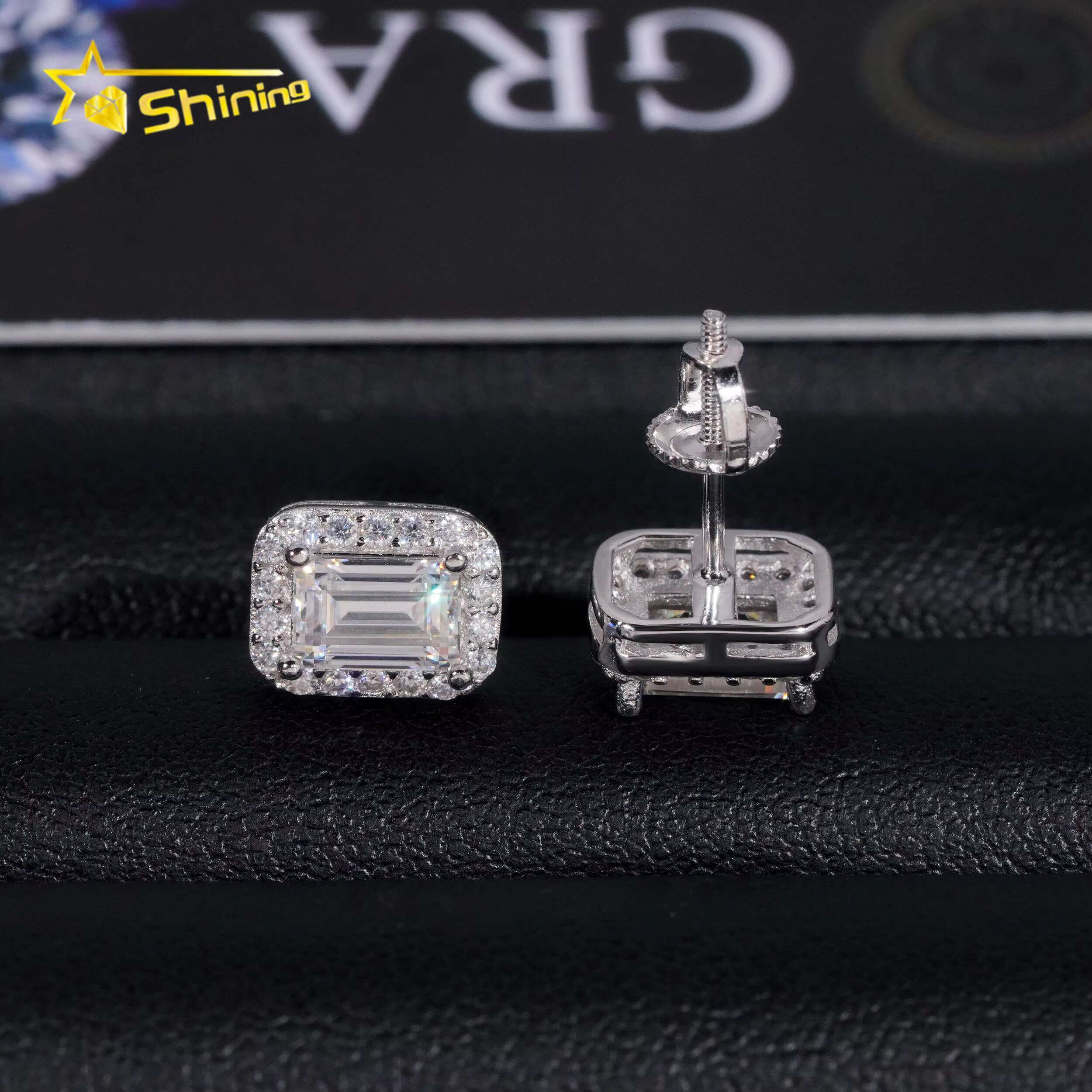 New Arrival Hip Hop Design Iced Out Emerald Cut Moissanite Stud Men Fine Sterling Sier Earrings Jewelry