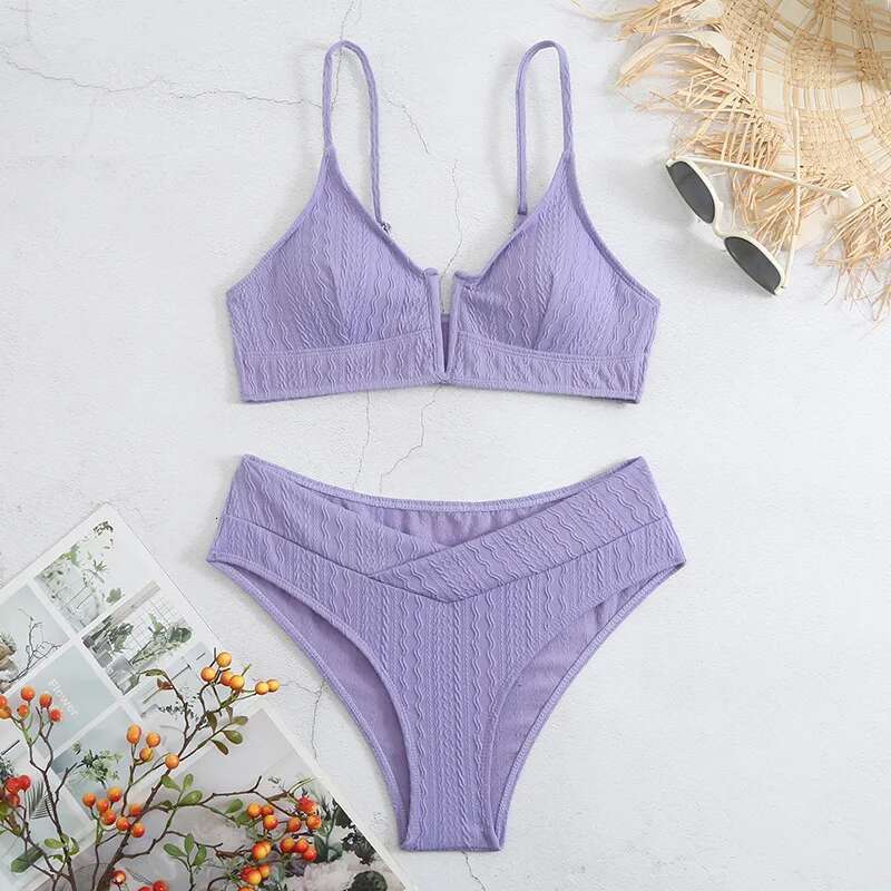 Solid Color 2 Piece Swimsuit for Women,sexy High Waist V-neck Bikini,suspender Beach Backless Swimwear,2024 Summer New