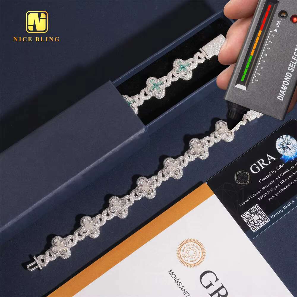 Silver Plated Custom Iced Out Pear Cut Moissanite Clover Hip Hop Style Men Jewelry 925 Silver Diamond Infinity Cuban Link Chain