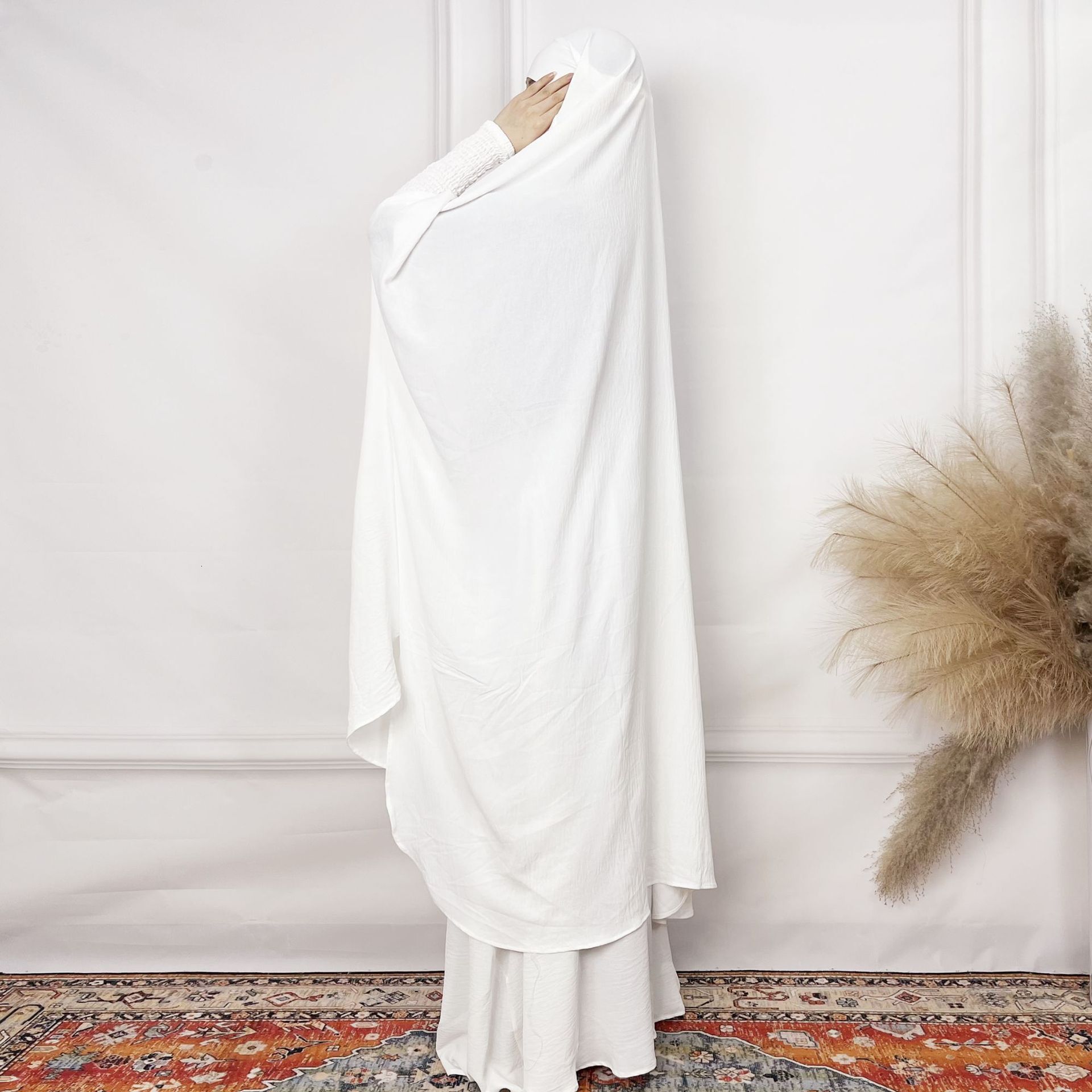 Solid Colored Long Robe With Ice Silk Wrinkled Lantern Sleeves, Loose And Comfortable Two-Piece Women's Skirt Set Abaya Maxi Dresses Islamic Clot