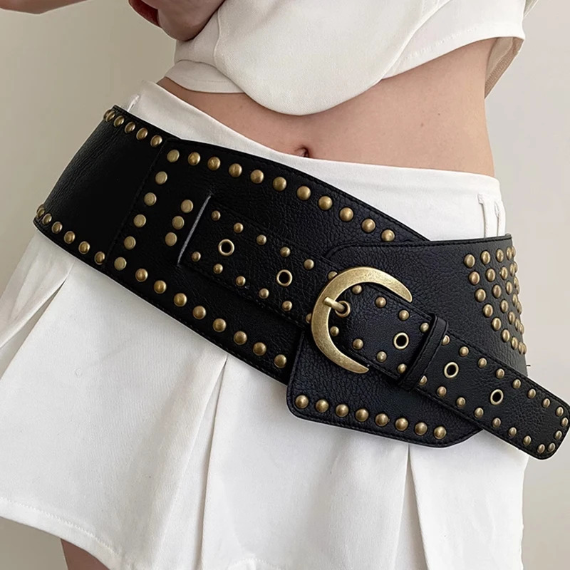 Y2K Rivet Studded Belt Vintage Punk Asymmetric Dress Belts For Women Waist Big Stretch Cummerbunds Female Waist Black Corset 250403