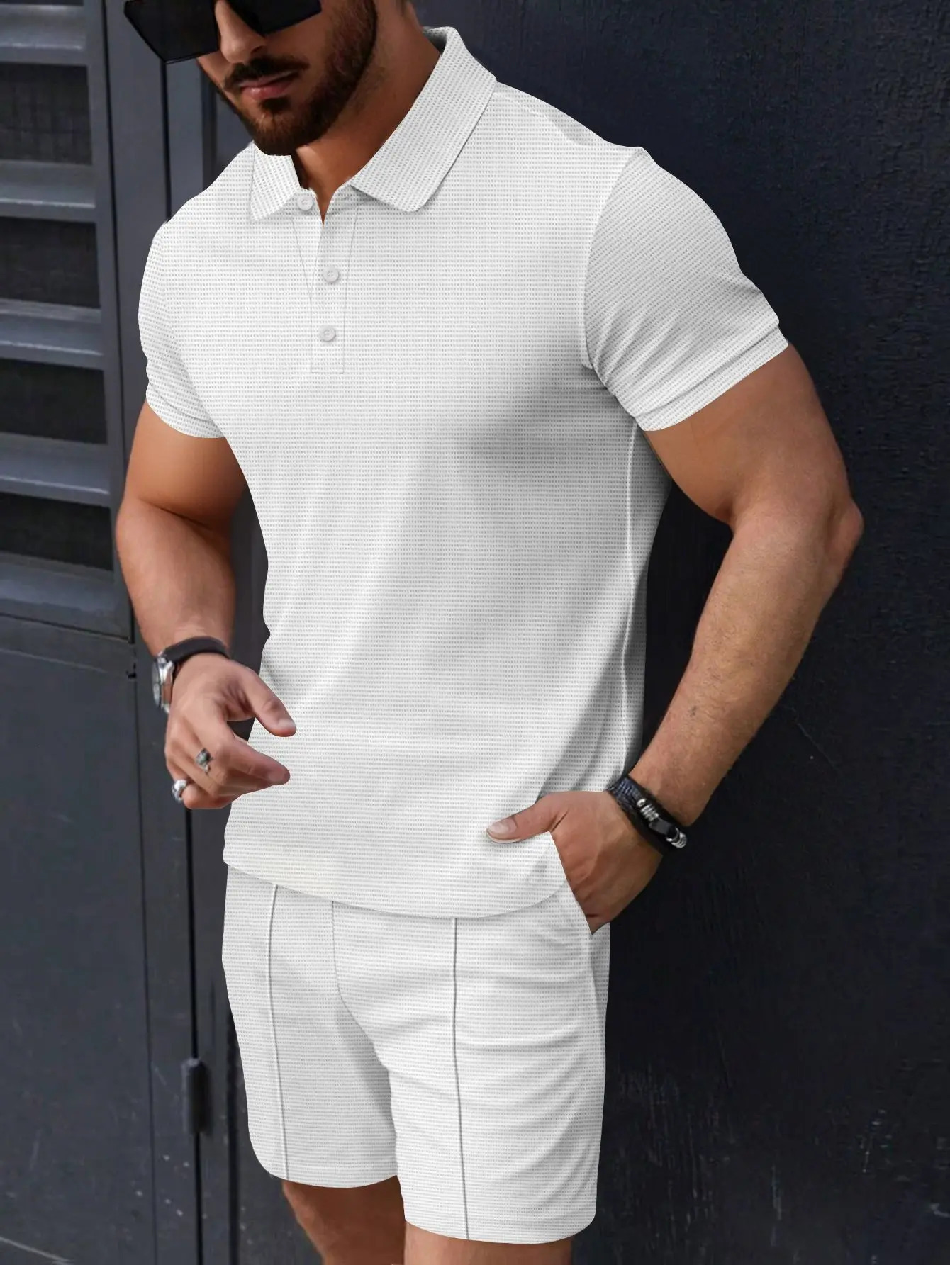 summer mens casual sportswear street solid color plaid collar short sleeved polo shirtshorts two-piece set 250402