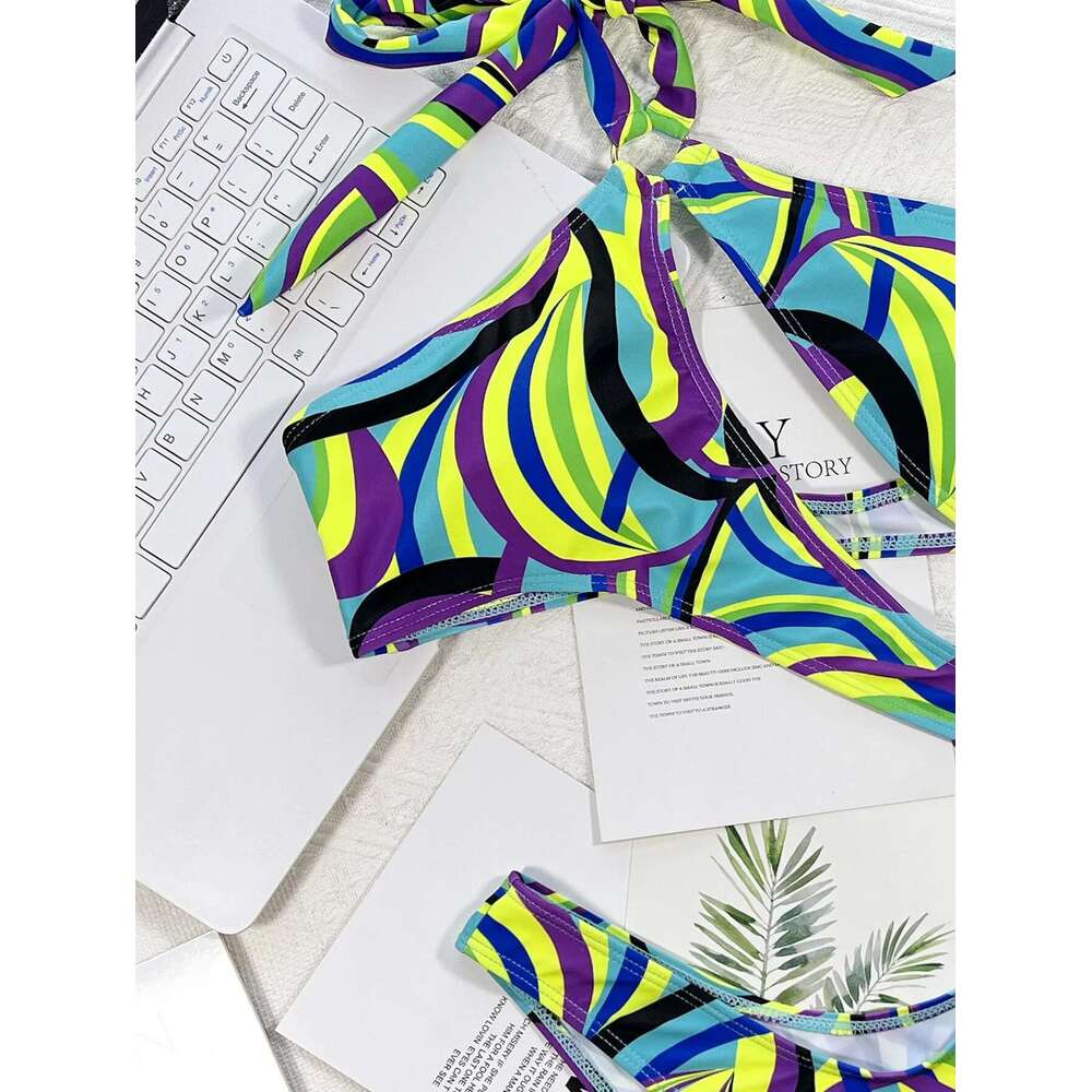 One Piece Bikini Women 2023 Colored Printed Swimsuit Irregular Hollow Out Halter Swimwear Summer Beach Bathing Suit XMC186W