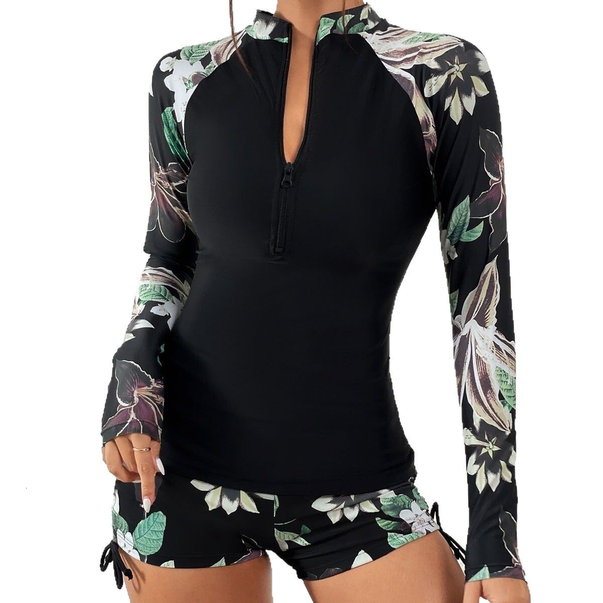 2025 new women's printed surfing suit long sleeved sunscreen with zipper conservative split swimsuit