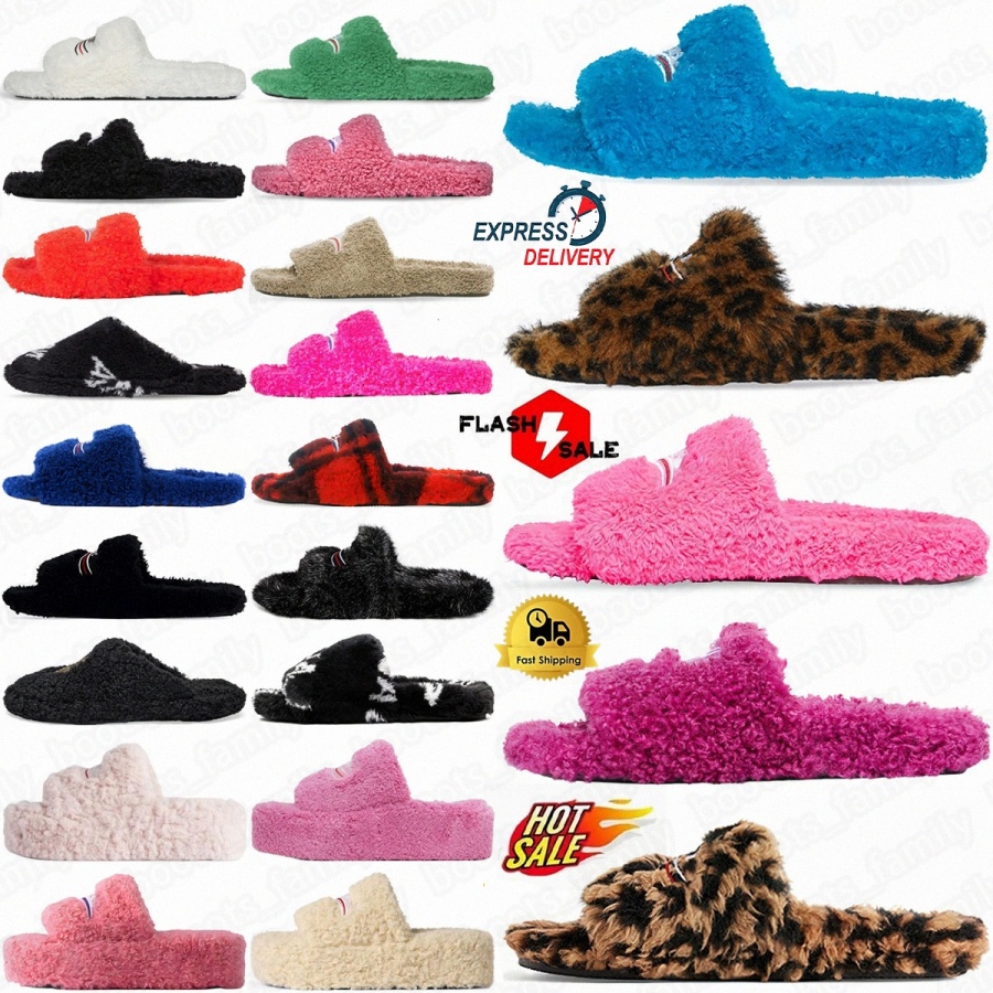 Furry Slide designer slides women slippers Ladies Wool Winter Fur Fluffy Slipper Leopard Brown Black Sky Blue Red Pink Green White s1Y5#