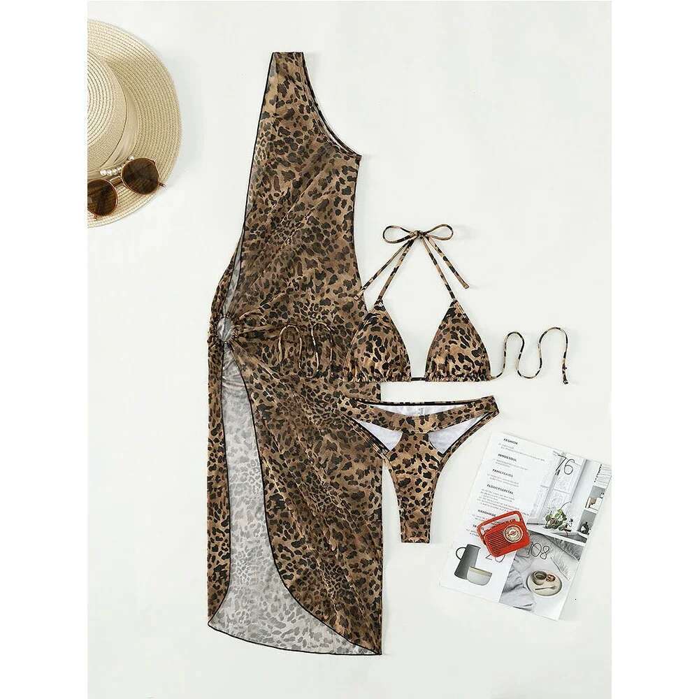 Sexy Leopard 3-piece Swimsuit Women 2023 Sunscreen Mesh Split Bikini Long Beakirt Triangle Cup Halter Backless Bathing Suit