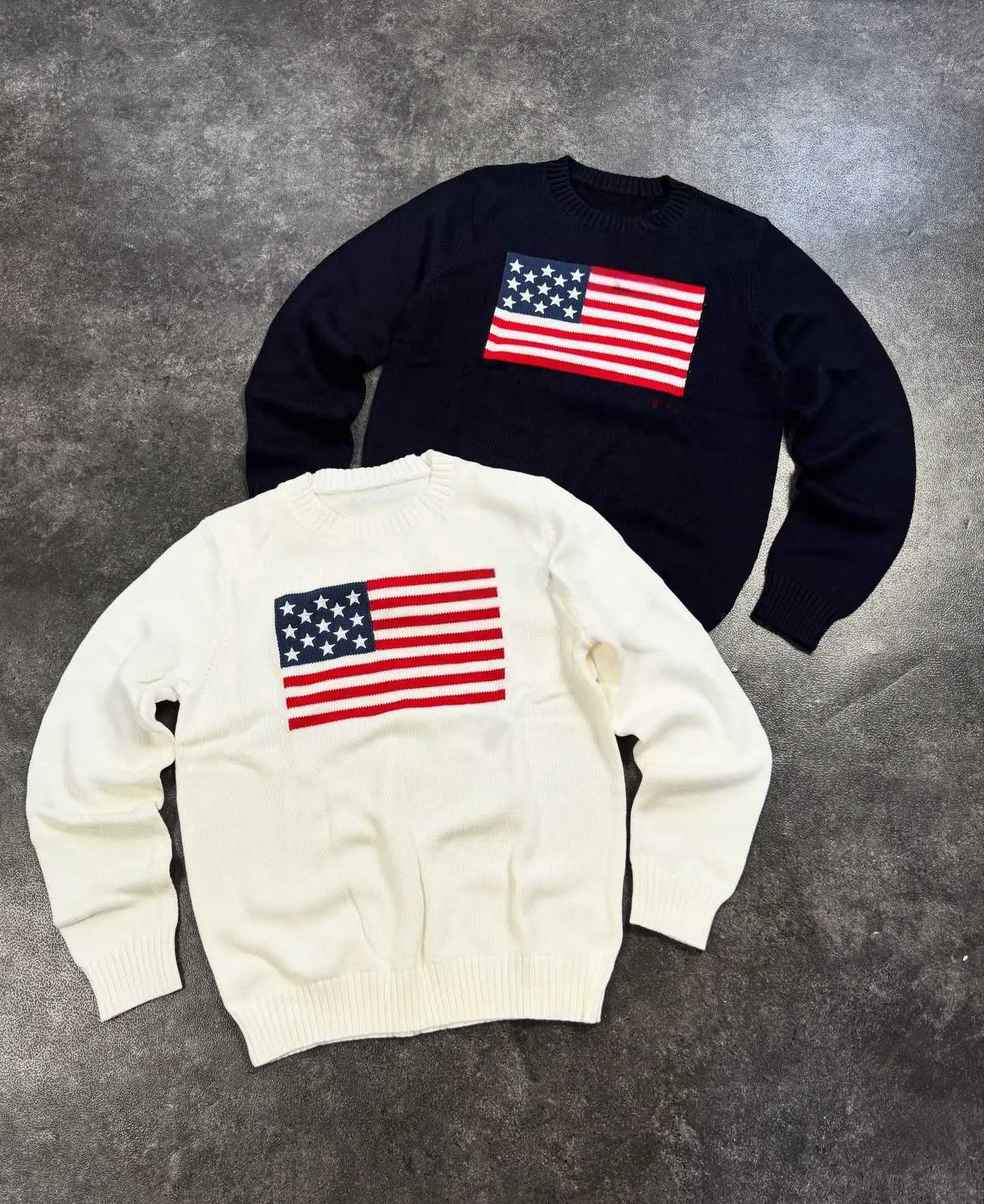 Men Autumn Winter Sweater New Cotton Embroidered American Flag Round Neck Knitted Sweater Loose and Versatile Trendy Hoodie X251106