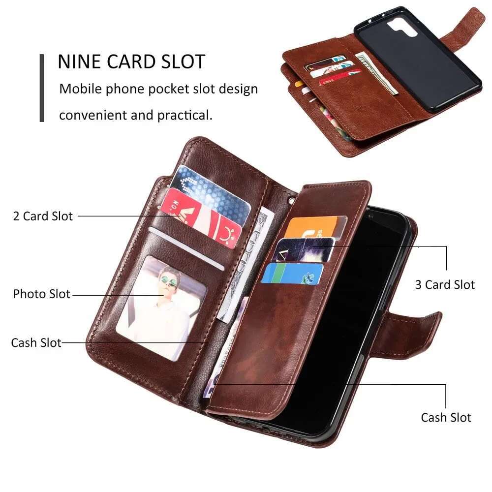 Leather Nine Cards Wallet Case For Samsung Galaxy S24 Ultra S23 FE S22 S20 S21 S10 S9 S8 Plus Note 20 Phone Cover