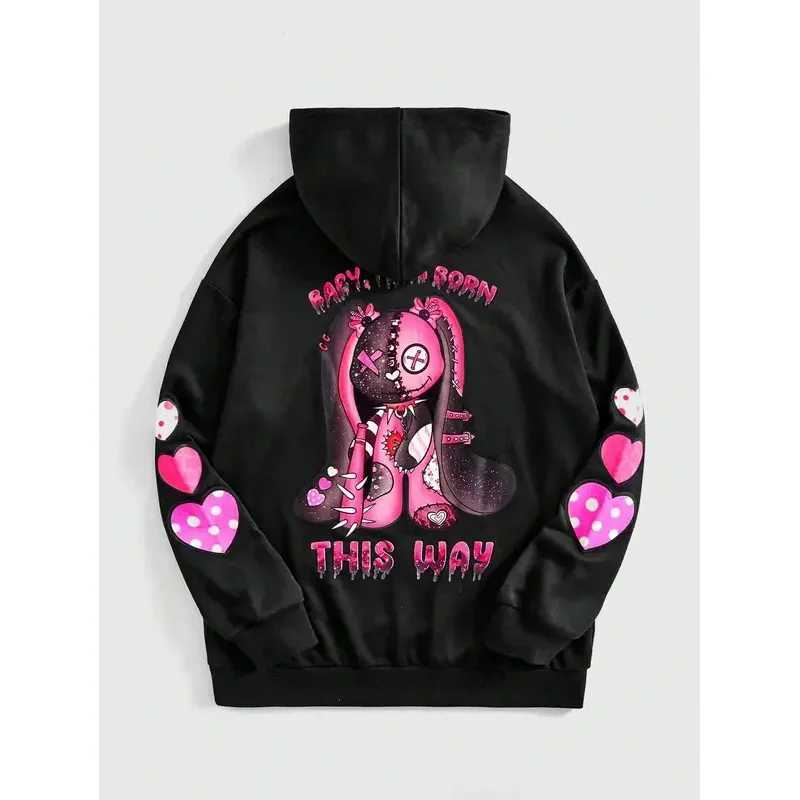 2025 Fashion Pink Teddy Bear Cute Horror Printed Womens Fleece Hoodie Street Casual Hip Hop Hoodie W251106