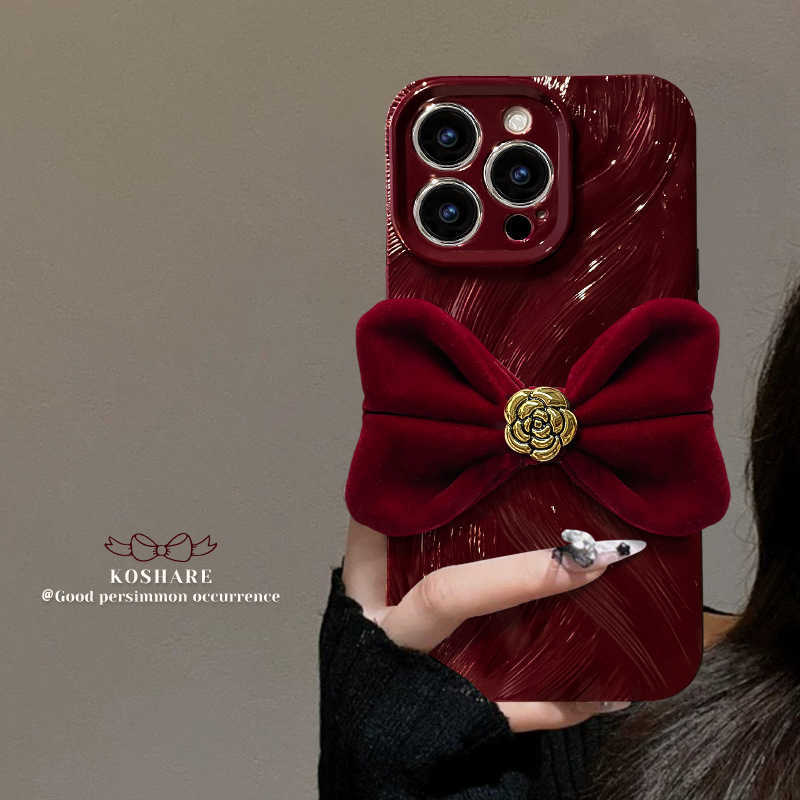 Camellia Bowknot Compatible with 16 Pro Phone Case 15 New Year 14 Wave Feather Gauze 1312 Silicone Shockproof J251202