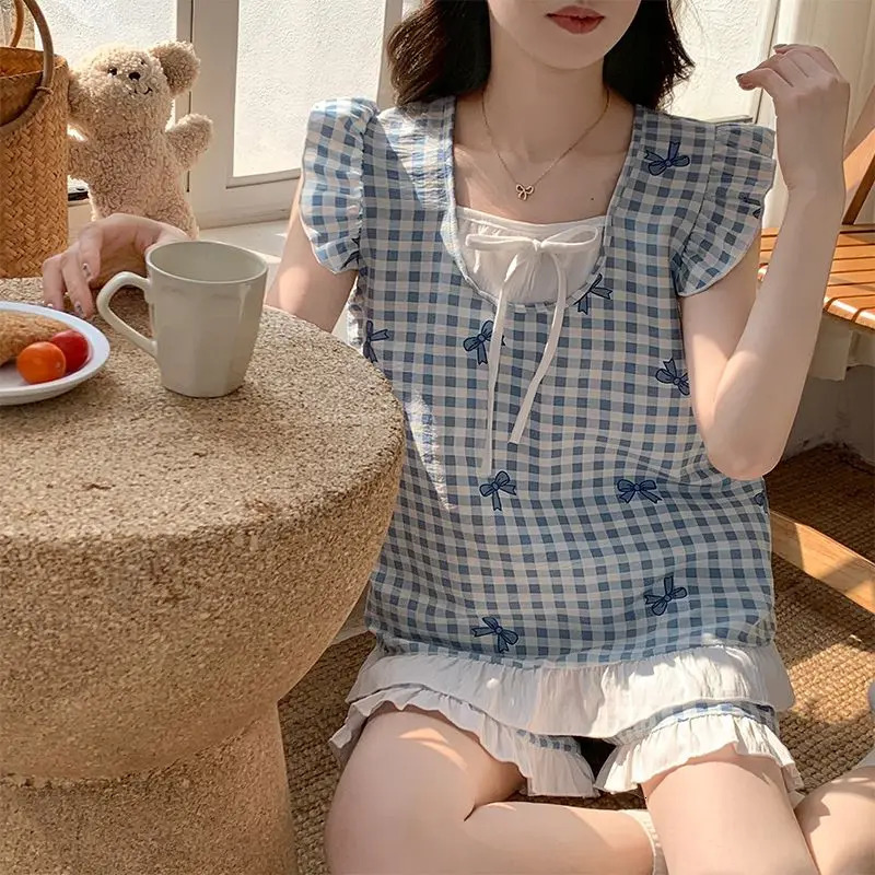Cute Pajamas Blue Plaid Bow Short Sleeve Nightwear Pullover T-Shirt Shorts Two-Piece Set Japanese and Korean Fashion Sleepwear 250402