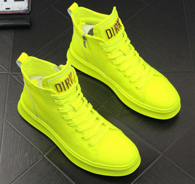 Four Seasons Trendy Patent Leather Glossy Sneakers Men's High-top Casual Shoes 2024 New Fluorescent Green Gold Silver White