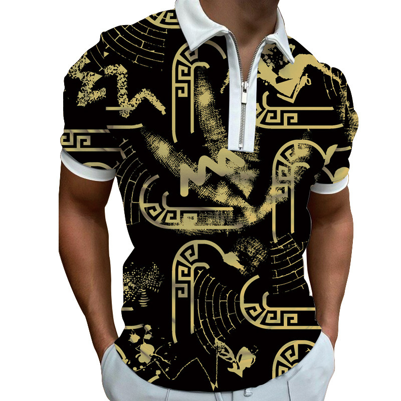 Spring mens printed fashionable casual fashion polyester short sleeved zipper polo shirt mens T-shirt