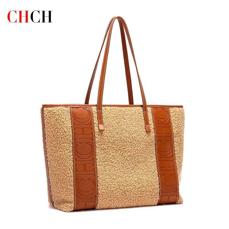 CHCH Women's Tote Winter New Lamb Fleece Large Capacity Handbag Simple Brown Leisure Travel Bag