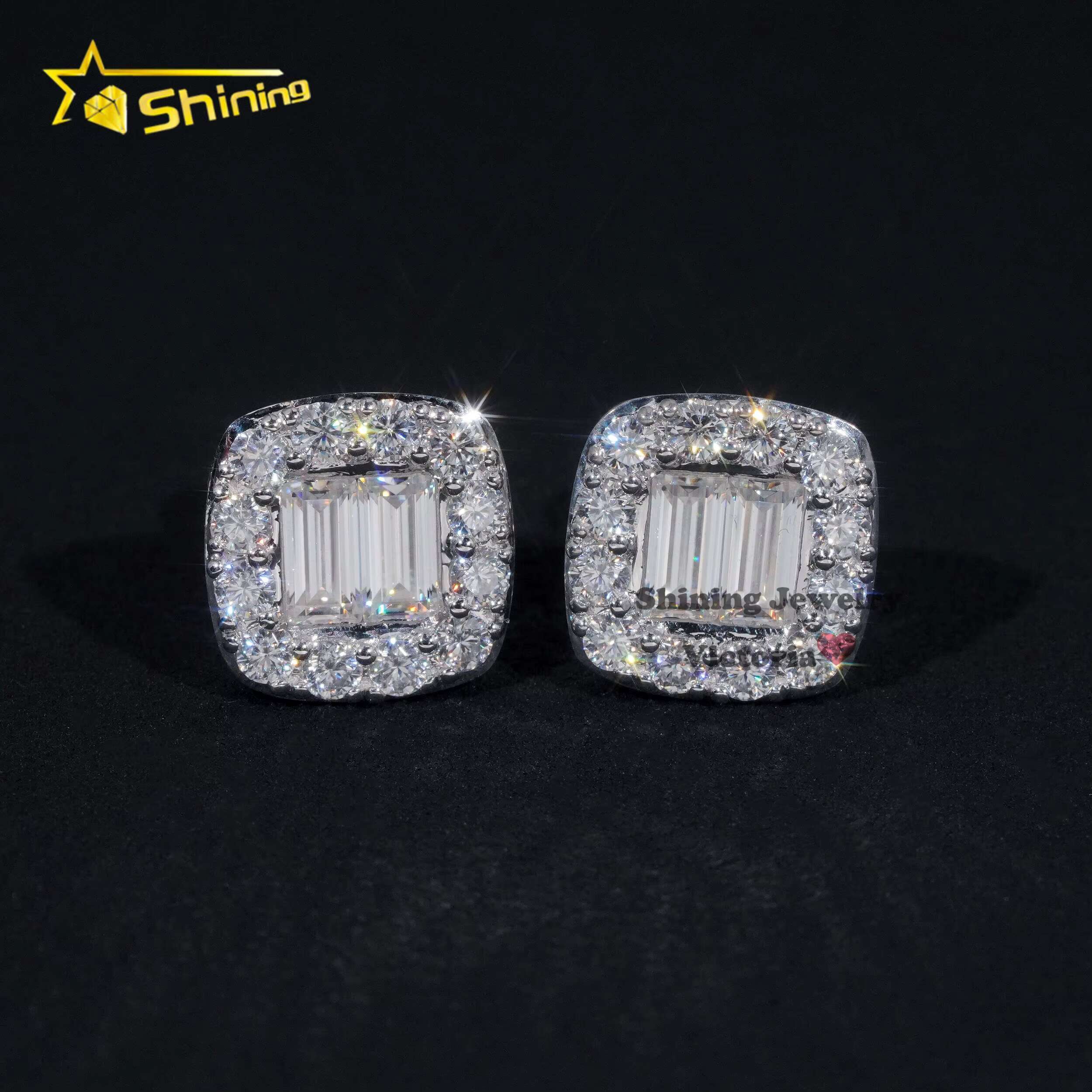 Halo Design Bageutte Stud 10K Soild Gold Mens Hip Hop VVS Moissanite Dia Earrings