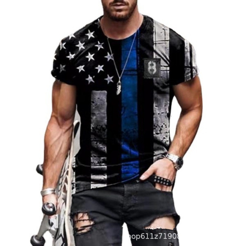 2025 New Mens Wear China-Chic Star Flag Printed Round Neck Pullover Short Sleeve T-shirt Top