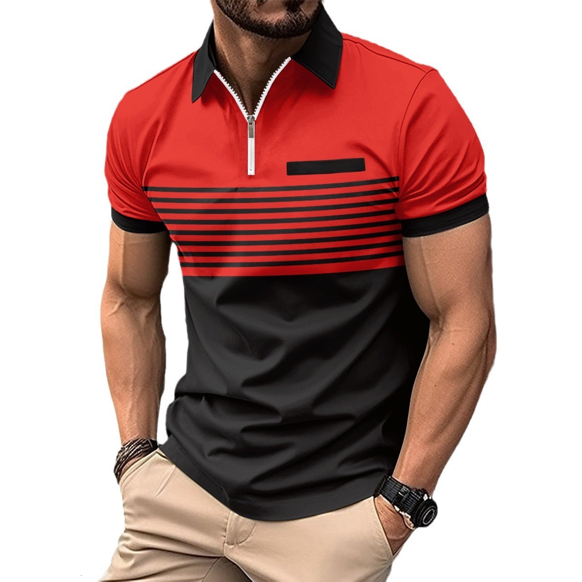 2025 Spring Mens Printed Casual Fashion Polyester Short Sleeve Striped Zipper Polo Shirt Mens T-shirt