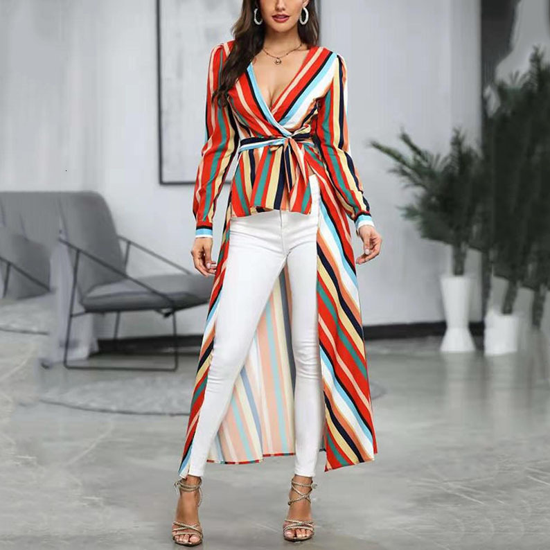 2025 Autumn Rainbow Stripe Dress Deep v Slimming Front Short Rear Long Coat