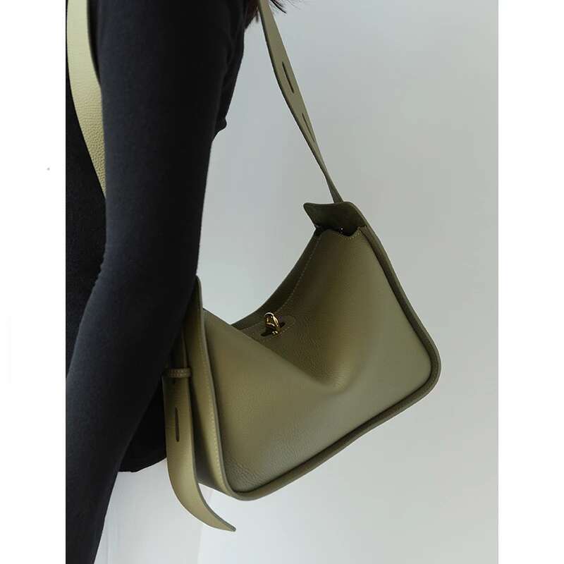 French Euro Style Wide Adjustable Strap Green Flap Shoulder 100% Cowhide Leather Women's Crossbody Bag