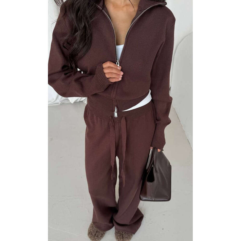 2025 Autumn New Solid Color Inner Knitted Two-Piece Set High-End Casual Elegant Straight-Leg Suit for Women Outerwear