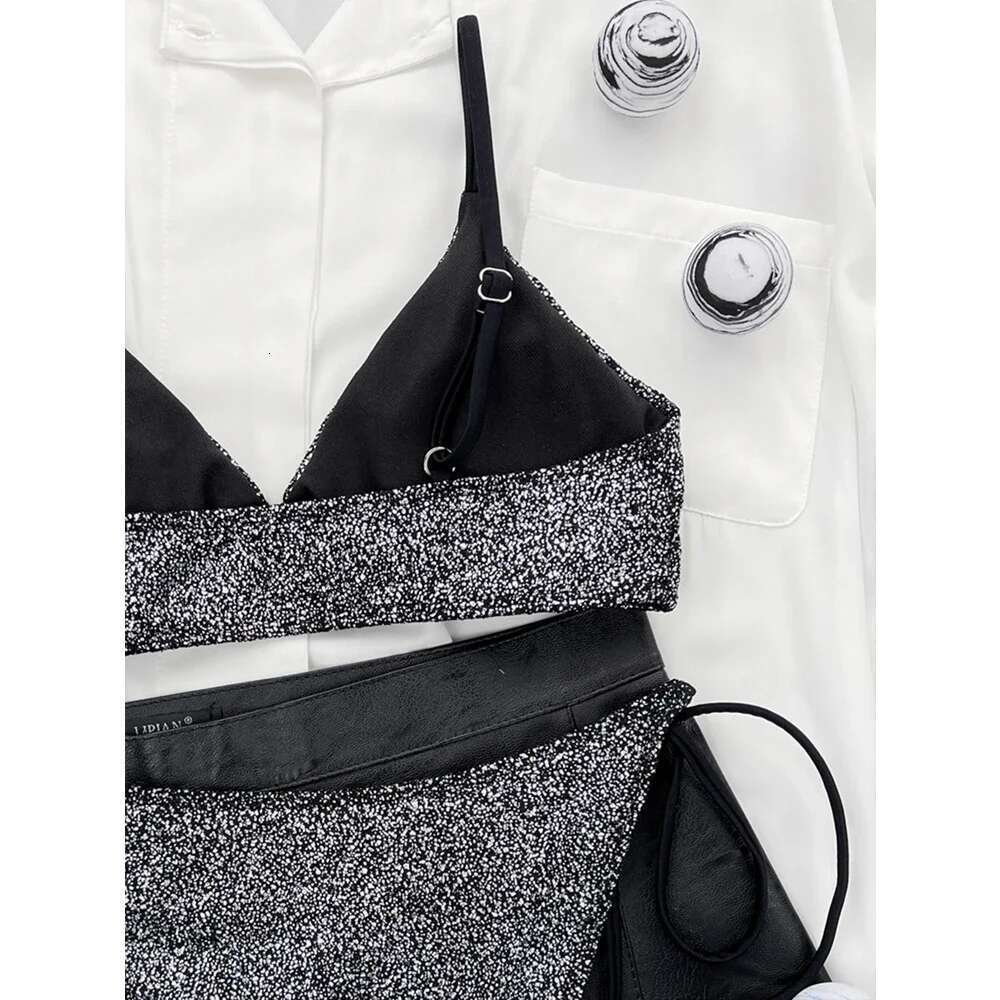 Black Shiny Bikini 2025 Two-piece Swimsuit Women Sexy V-neck Push Up Padded Bathing Suit Low Waist Backless Beach Swimwear