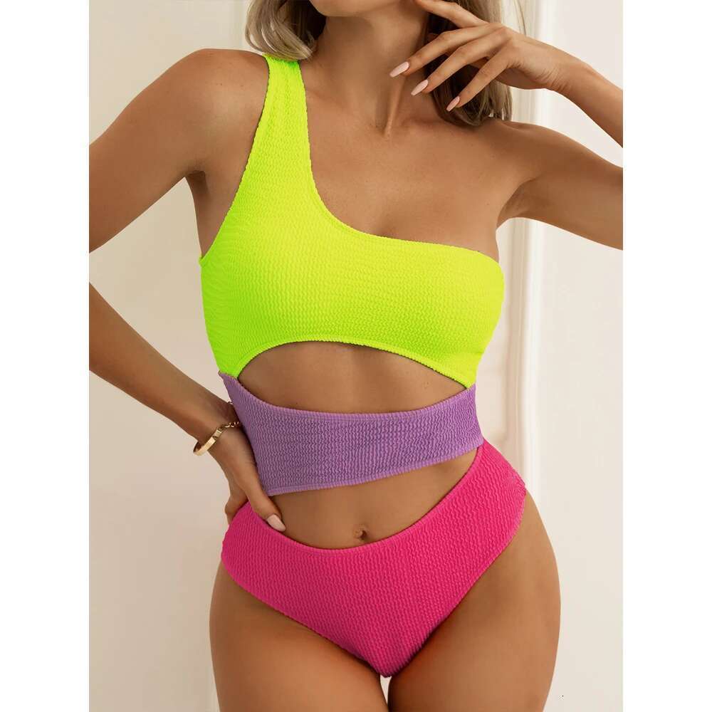 Patchwork One Piece Bikini Women 2023 NEW Swimwear Single Shoulder Hollow Out High Waist Swimsuit Bathing Suit Backless ALC3168