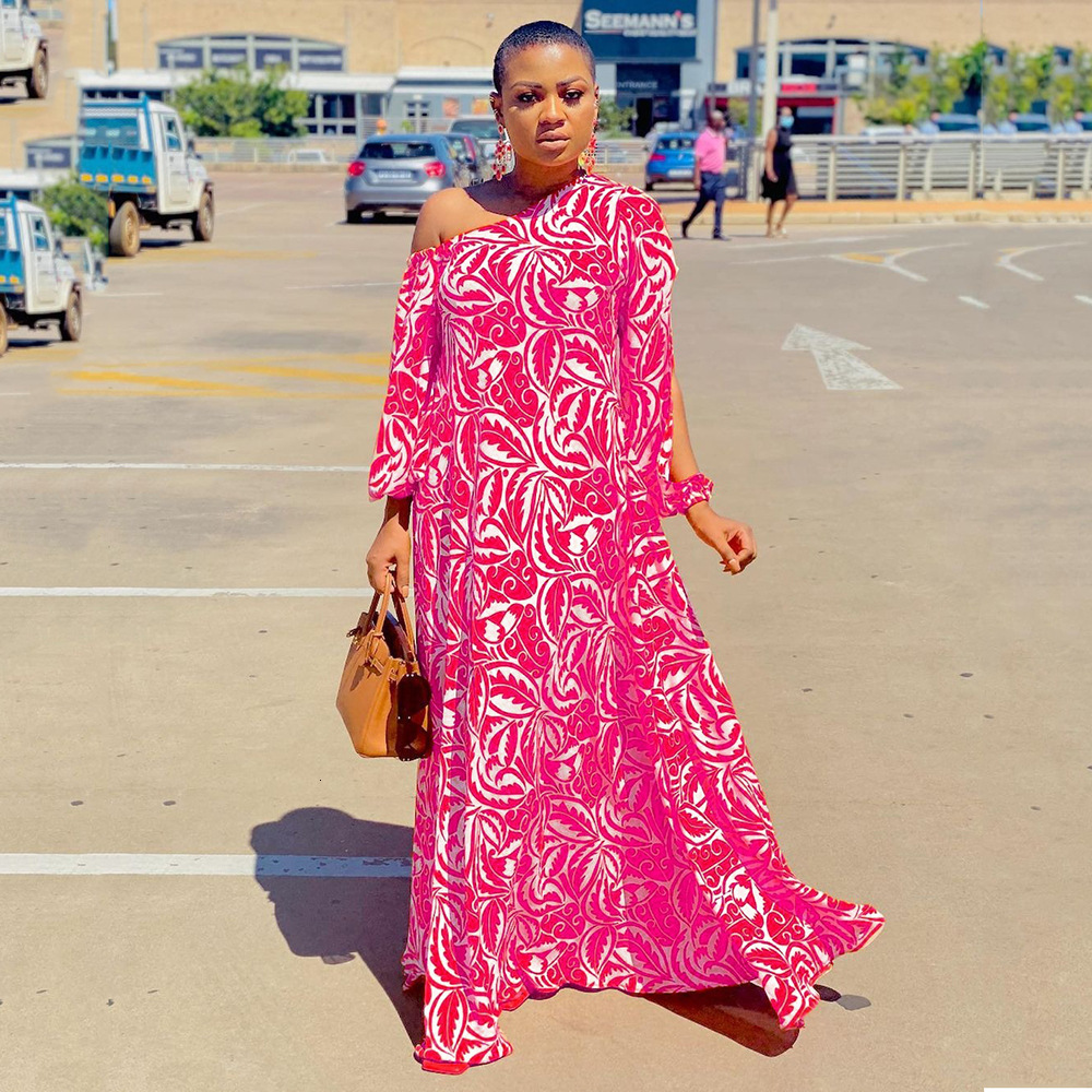 S9310 2025 Summer New Womens Printed Dress with Diagonal Shoulders and Medium Sleeves Loose and Sexy Long Dress